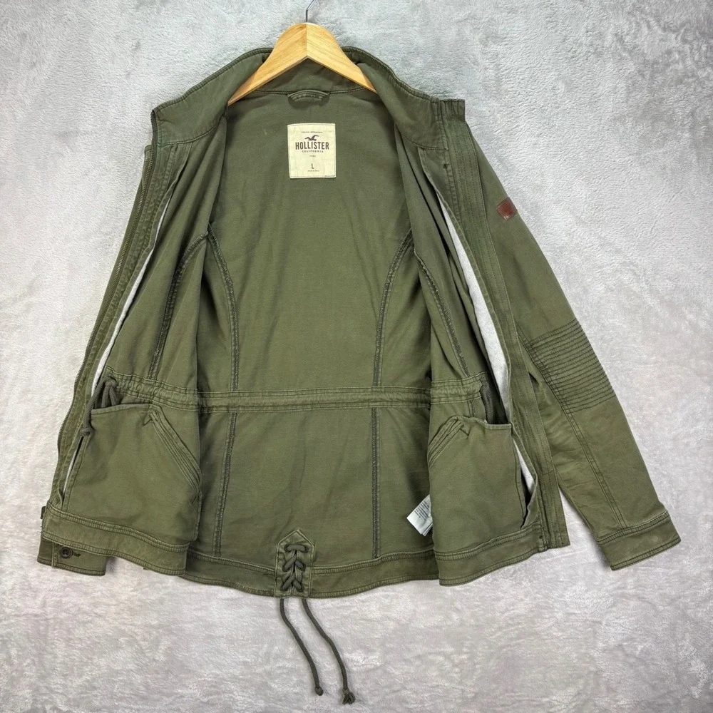 Hollister Women L Utility Jacket Green Moto Stitch Drawstring Waist‎ Casual Coat